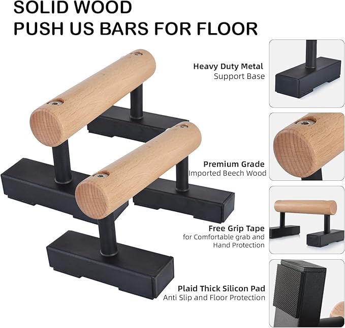 1 Pair Wood Floor Push Up Bars for Men, Anti-slip Handstand Parallettes Bars, Strength Training Push-Up Stands for Calisthenics, Fitness, Gymnastics, Workouts, Calistenia-FlexoryFit