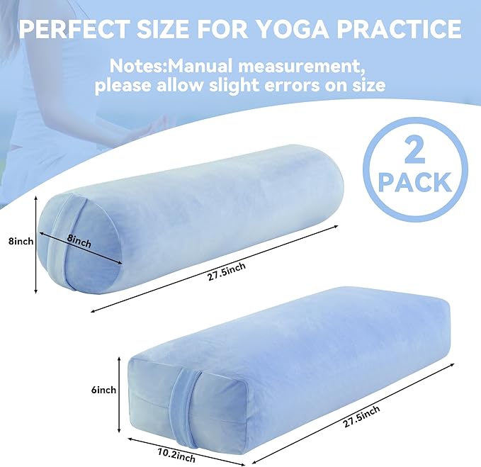 ROYALAY 2 Pcs Yoga Bolster Pillow for Restorative Yoga, Rectangular and Cylinder Meditation Pillow Set with Carrying Handles, Supportive Cushion for Exercise Workout Stretching Meditation,Sky Blue-FlexoryFit