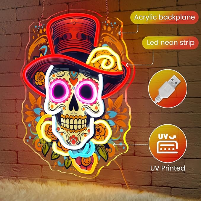 Day of the Dead Neon Sign - Mexican Sugar Skull LED Neon Light for Home & Bar Decor,UV Printed Art with Flexible LED Strip,Halloween & Día de Muertos Party Decoration (Red)
