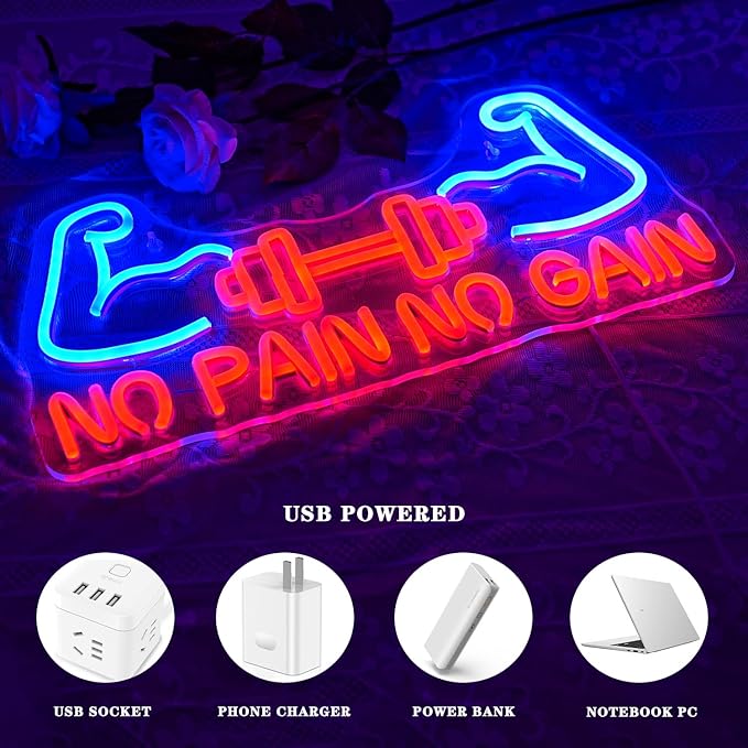 No Pain No Gain Neon Sign for Gym Decor Gym Neon Light Muscle Led Neon Sign Dumbbell LED Neon Light Weightlifting Neon Lights Fitness Club Neon Signs for Gym Fitness Club Store Decoration