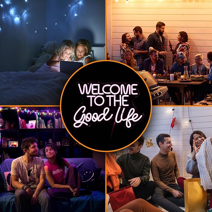 Welcome To The Good Life Neon Sign Letter LED Neon Lights Dimmable USB Powered 16.5’’X11’’Cool Wall Decorative Light Bedroom Kids Room Birthday Party Bar Decoration Gifts for Friend(Pink)