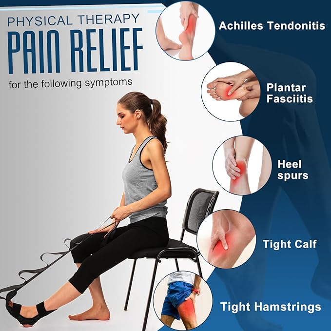 Foot and Calf Stretcher for Plantar Fasciitis, Achilles Tendonitis, Heel Spurs, Drop Foot. Yoga Stretching Strap for Leg, Thigh and Hamstring (Black)-FlexoryFit