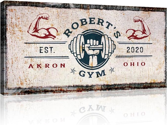 Tailored Canvases Personalized Gym Sign Wall Art Decor - Motivational Canvas for Home Gym, Workout Room, Garage, Fitness Center - Workout Inspirational Posters - One Hand with Dumbbell on Rustic, 48x24in