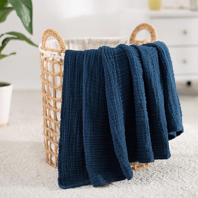 Carriediosa 100% Cotton Muslin Throw Blanket 50" X 70" Throw XL Size,4-Layers Summer Gauze Throws for Bed Couch,Soft Lightweight Breathable Linen Blankets Bedspread for Adults All Season,Navy Blue