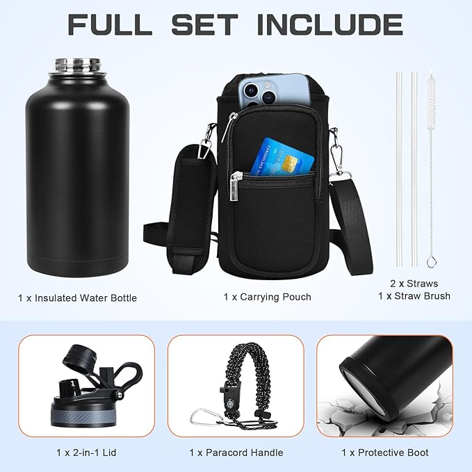 Insulated Water Bottle 64 oz, Half Gallon Water Jug Cold 48H, BPA Free Stainless Steel Bottles with Straw/Chug 2-in-1 Lid, Bag, Paracord Handle, Silicone Boot, Sports Gym School Metal Flask-FlexoryFit