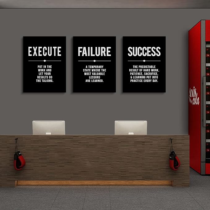 Framed Canvas Wall Art Success Quote For Office, Black Large Positive Motivational Poster, Set of 3, Execute Failure Definition, Inspirational Print (A-3pcs,12x16inchx3pcs)-FlexoryFit