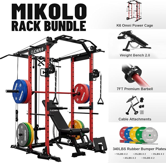 Mikolo Power Cage, Power Rack with Cable Crossover System, 1500LBS Squat Rack with LAT Pull Down System, Workout Cage with Pulley System for Fitness Home Gym-FlexoryFit