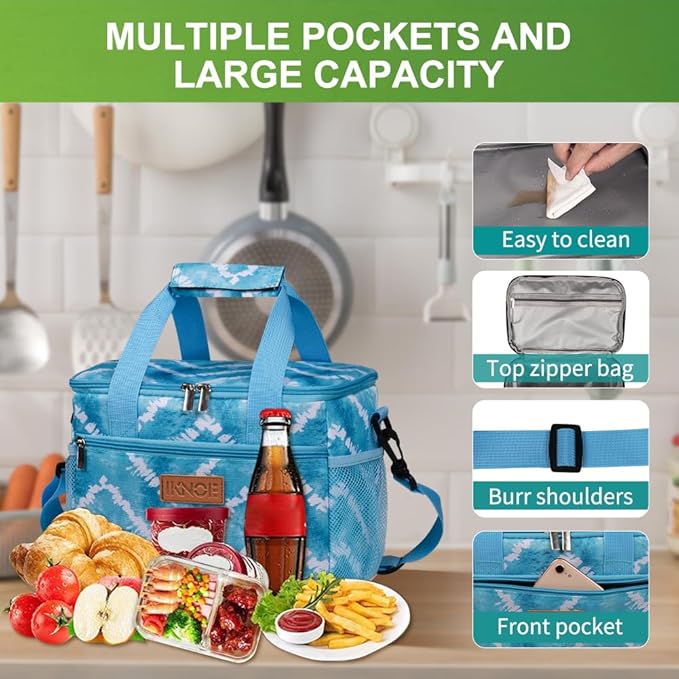 iknoe Large Foldable Cooler Bag, 8.5L Insulated Lunch Bag, Leakproof Lunch Cooler Tote with Multi-Bag Design Suitable for Beach, Picnic and Office Use, Blue White 15-Can-FlexoryFit