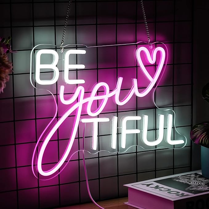 Be Your Tiful Neon Sign Dimmable Letter Neon Signs White Pink Wall Decorative Lights Powered USB with Switch for Bedroom Kid Room Shop Apartment Birthday Party Wedding (15.7’’X11.8’’)