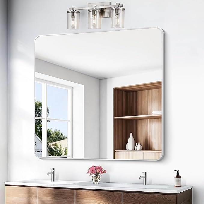 Silver Bathroom Mirror,48x48 inch Wall Mirror for Bathroom Wall Mounted,Rectangle Mirror for Bathroom Over Sink,Modern Frame Round Corner for Living Room,Bedroom Entryway,Horizontal/Vertical