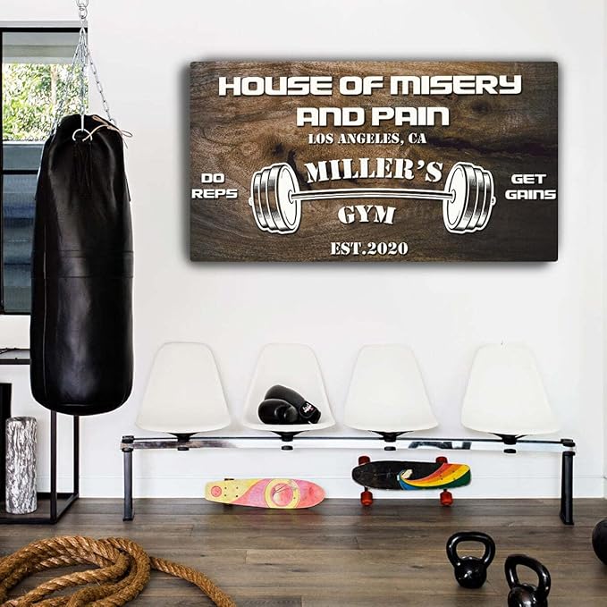 Tailored Canvases Personalized Gym Sign Wall Art Decor - Motivational Canvas for Home Gym, Workout Room, Garage, Fitness Center - Workout Inspirational Posters - House of Misery and Pain, Wooden 48x24in