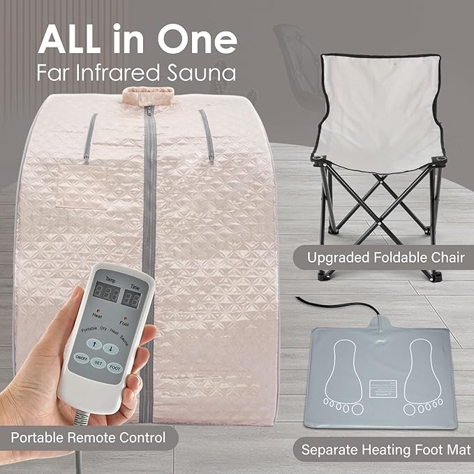 Smartmak Far Infrared Sauna, Full Body One Person Portable SPA Set with Time & Tempreture Remote Control, Heating Foot Pad and Foldable Reinforced Chair (L 27.6โโ x W 31.5โโ x H 37.8โโ)- Pearl Pink