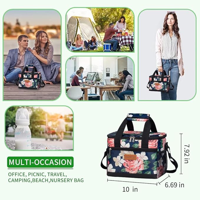 iknoe Large Foldable Cooler Bag, 8.5L Insulated Lunch Bag, Leakproof Lunch Cooler Tote with Multi-Bag Design Suitable for Beach, Picnic and Office Use, Flower 15-Can-FlexoryFit