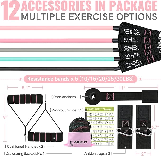 Aihoye Resistance Bands for Working Out, Exercise Bands with Handles, Stretch Bands for Exercise, Workout Bands with Door Anchors for Physical Therapy & Strength Training-FlexoryFit