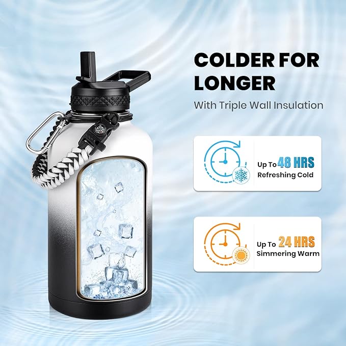 Insulated Water Bottle 64 oz, Triple Wall Vacuum Stainless Steel (Cold for 48 Hrs), Leak Proof & Non-BPA, Half Gallon Water Flask Jug with Paracord Handle & Straw Spout Lids, White/Black-FlexoryFit