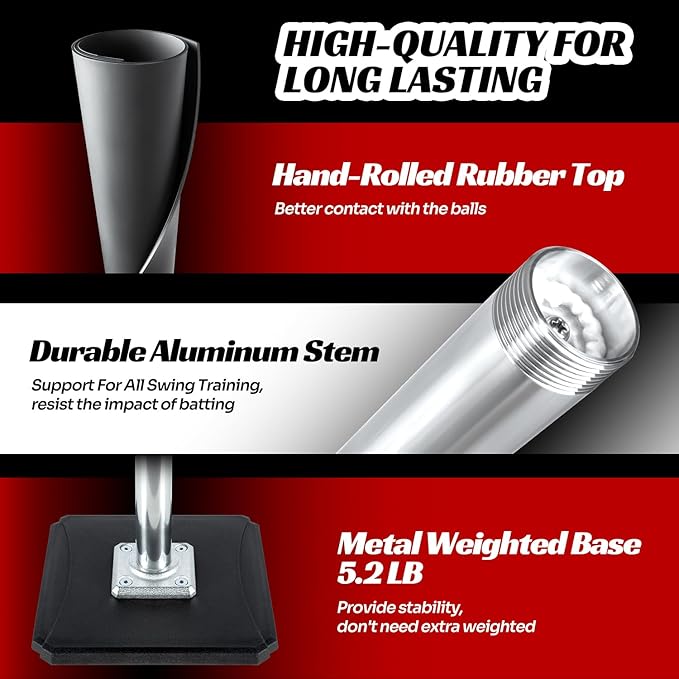 Portable Batting Tee for Baseball/Softball, Height Adjustable 24-46 inches Softball Tee for Kids and Adults,Baseball Tee with Rubber Top,Metal Base,Easy Transport and Assemble Hitting Tee