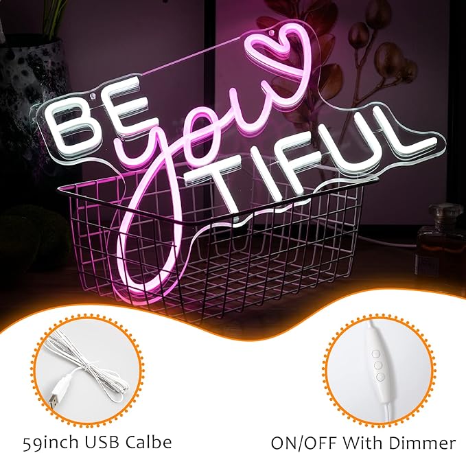 Be Your Tiful Neon Sign Dimmable Letter Neon Signs White Pink Wall Decorative Lights Powered USB with Switch for Bedroom Kid Room Shop Apartment Birthday Party Wedding (15.7’’X11.8’’)