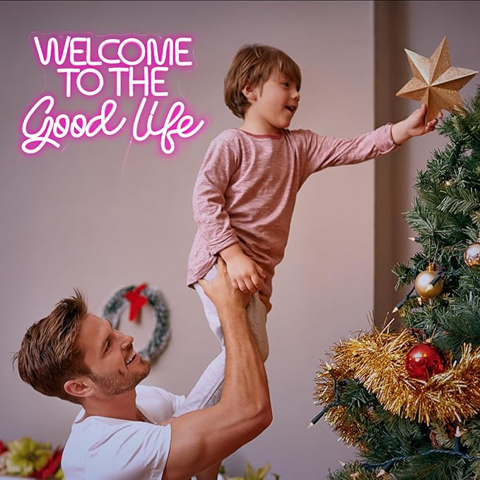 Welcome To The Good Life Neon Sign Letter LED Neon Lights Dimmable USB Powered 16.5’’X11’’Cool Wall Decorative Light Bedroom Kids Room Birthday Party Bar Decoration Gifts for Friend(Pink)