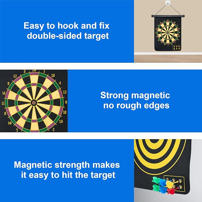 Magnetic Dart Board with 24pcs Darts,Indoor Outdoor Dart Game for Kids and Adults,2in1 Rollup Safe Dart Flights Toys Set for 3-12 Year Old Boys Girls Christmas Birthday Gifts