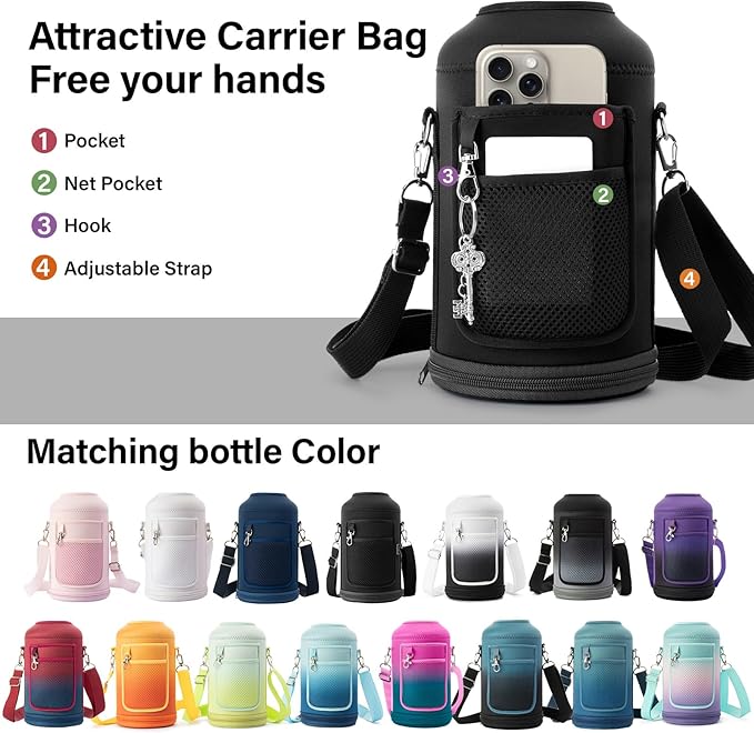 Insulated Water Bottle | Thickened Stainless Steel Vacuum Metal | Portable Sports Half Gallon Large Water Jug for Gym and Hiking with Straw, Carrier Bag, Handle Strap | BPA-Free 64 oz-FlexoryFit