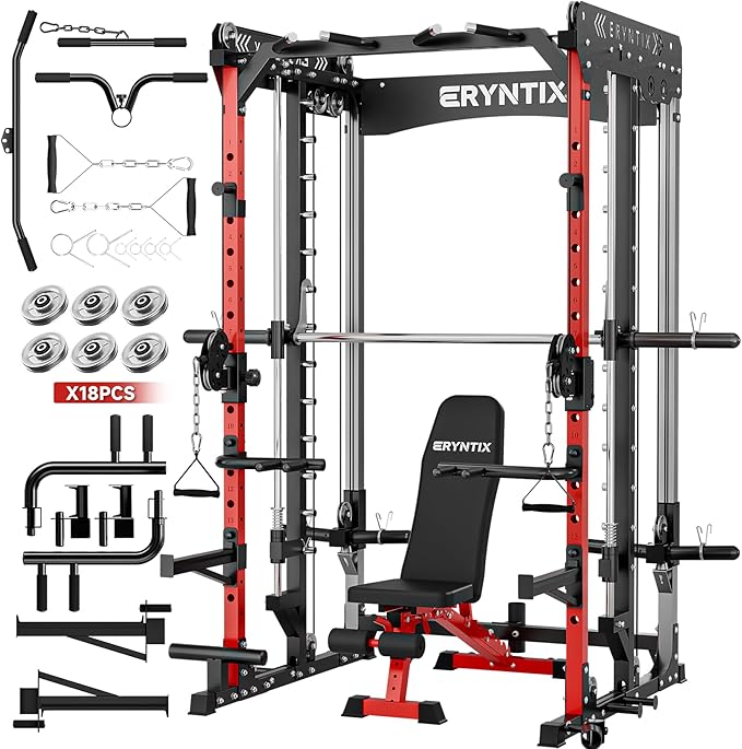 Smith Machine Power Rack | All-in-One Power Cage with Adjustable J-Hooks, Squat Rack for Home Gym, Cable Machine & Pull-Up Bar | Home and Garage Gym Equipment for Strength Training-FlexoryFit