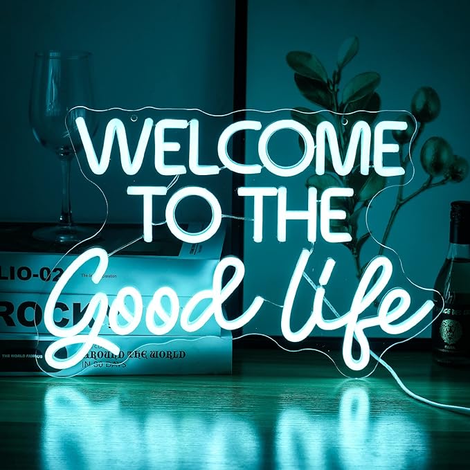Welcome To The Good Life Neon Sign Letter LED Neon Lights Dimmable USB Powered 16.5’’X11’’Cool Wall Decorative Light Bedroom Kids Room Birthday Party Bar Decoration Gifts for Friend(Ice blue)