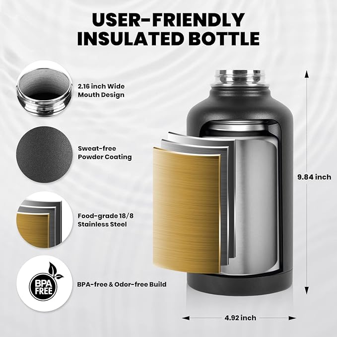 Insulated Water Bottle 64 oz, Triple Wall Vacuum Stainless Steel (Cold for 48 Hrs), Leak Proof & Non-BPA, Half Gallon Water Flask Jug with Paracord Handle & Straw Spout Lids, Magic Black-FlexoryFit