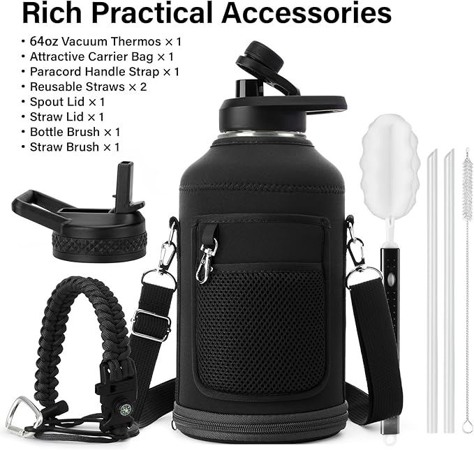 Insulated Water Bottle | Thickened Stainless Steel Vacuum Metal | Portable Sports Half Gallon Large Water Jug for Gym and Hiking with Straw, Carrier Bag, Handle Strap | BPA-Free 64 oz-FlexoryFit