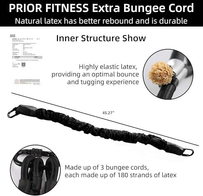 PRIOR FITNESS Premium Bungee Cord, Heavy Duty Bungee Fitness Cord,110-176Pounds Resistance Cord Elastic Rope Suspension Workout Fitness Bands for Exercise at Home Gym Include ONLY 1* Extra Bungee Cord-FlexoryFit