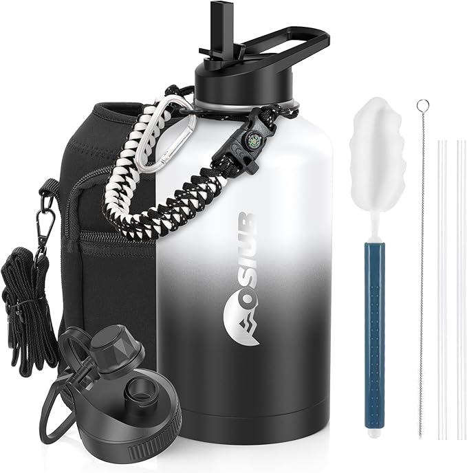 Insulated Water Bottle 64 oz, Triple Wall Vacuum Stainless Steel(Cold for 48 Hrs),Leak Proof & BPA-Free,Half Gallon Water Bottle with Reflective Paracord & Flip Straw for Sports & Travel, DarkGray-FlexoryFit
