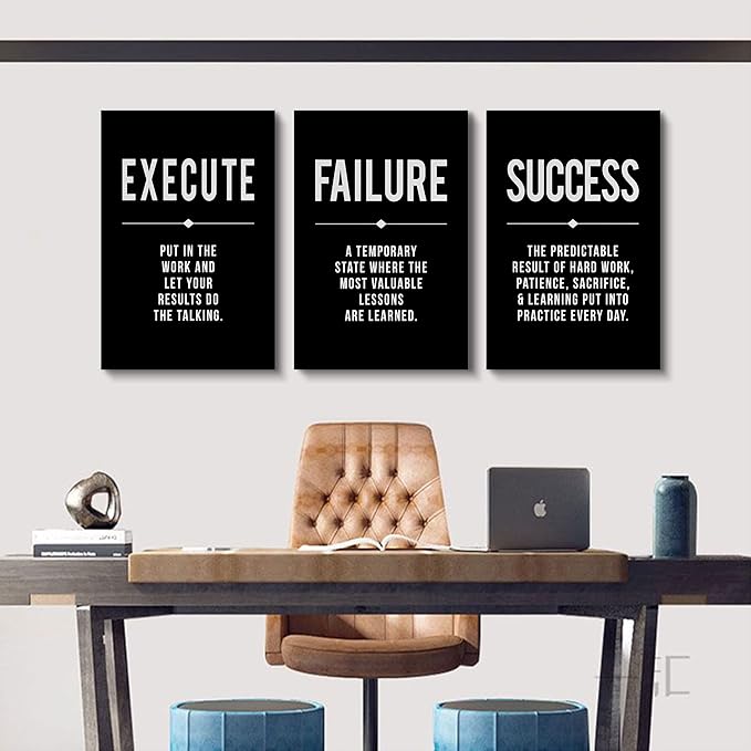 Framed Canvas Wall Art Success Quote, Office Wall Art, Black Large Poster, Positive Motivational Set of 3 Prints, Execute Failure Definition, Inspirational Print (A-3pcs,16x24inchx3pcs)-FlexoryFit