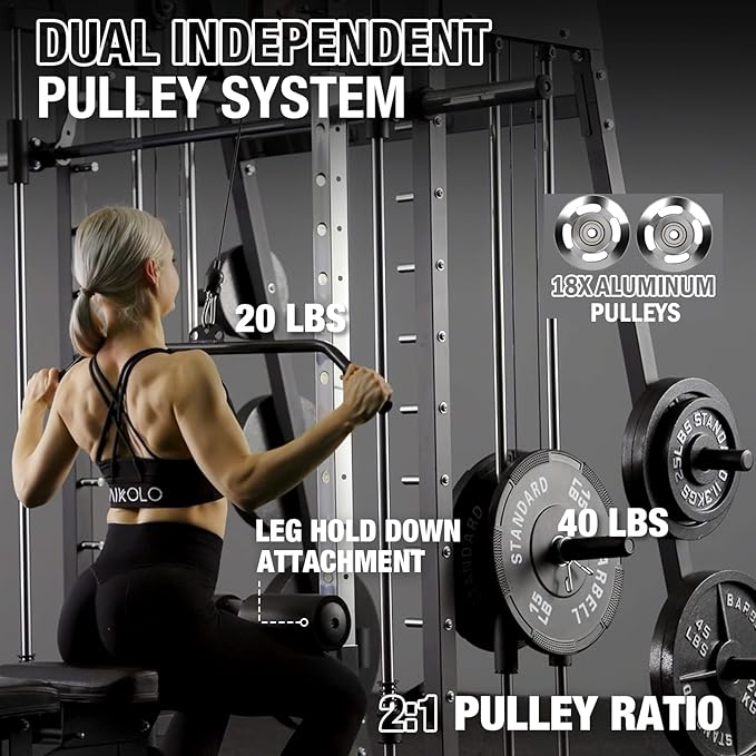 Mikolo Smith Machine, 2200lbs Squat Rack with LAT-Pull Down System & Cable Crossover Machine, Training Equipment with Leg Hold-Down Attachment-FlexoryFit