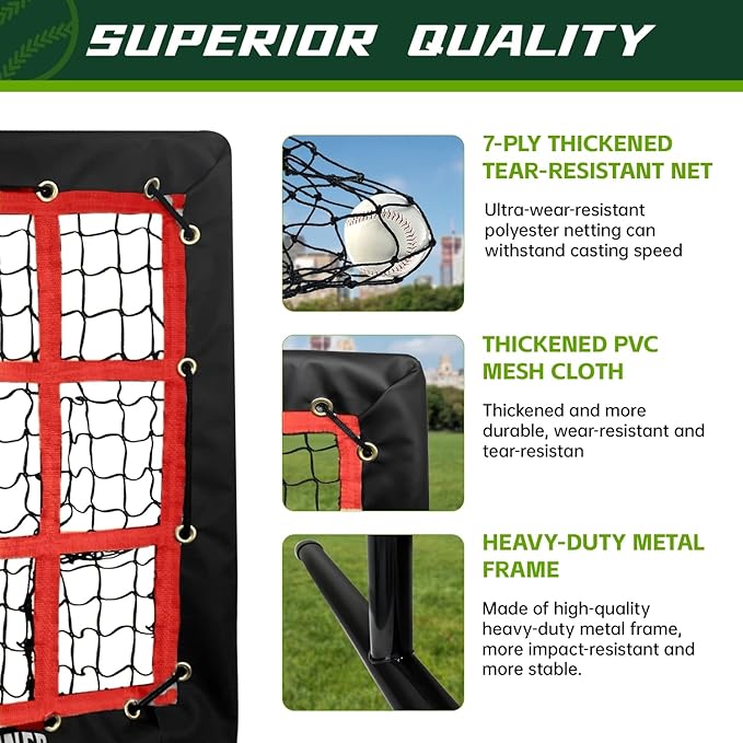 9 Hole Pitching Net, Heavy-Duty Baseball Net with Strike Zone for Pitching and Hitting, Height Adjustable Training Equipment with 9 Pocket Pitching Target for Baseball & Softball Practice-FlexoryFit