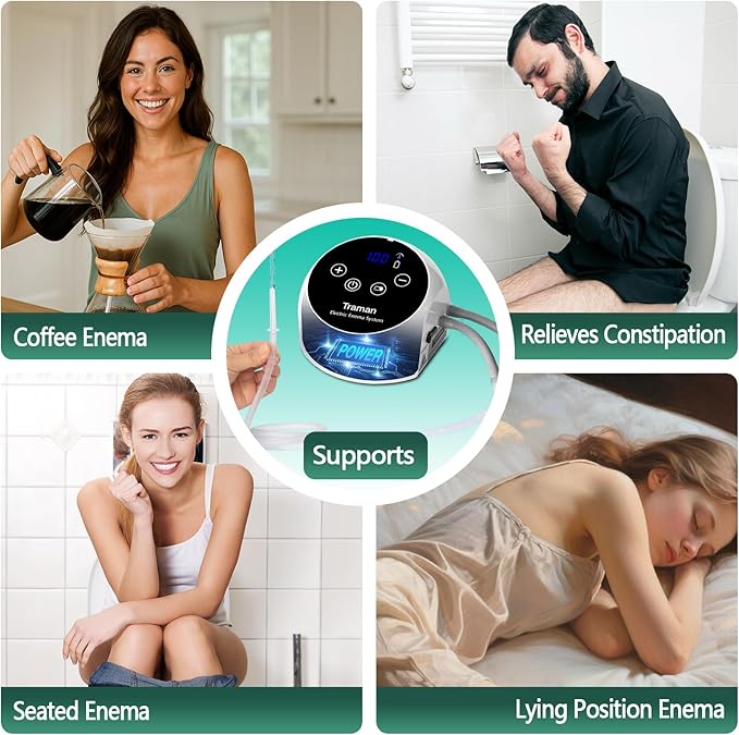 TRAMAN-Enema-Kit, Detox-Enemas for Colon-Cleanse for Women Men, Coffee Enema Coffee-Organic Cleanse Kit, Electric Water Flow Speed Control with LCD Display, Pressure Spray, External Water Supply