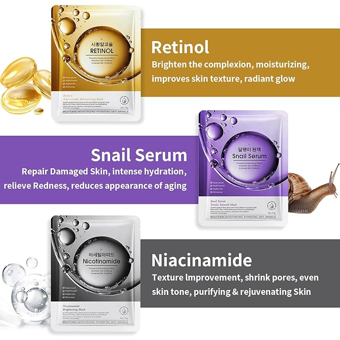 12 Pack Sheet Face Masks Skincare (Collagen, Hyaluronic acid, Snail, Retinol, Vitamin C, Niacinamide) Collagen Face Mask Hydrating Face Masks for Women Skin Care, Moisturizing, Brightening, Anti-Aging-FlexoryFit
