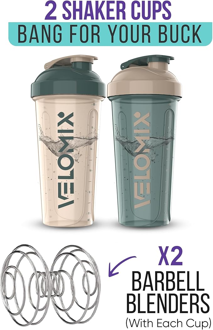 '-2 Pack- 28 oz Protein Shaker Bottles for Protein Mixes - 2x Wire Whisk | Leak Proof Shaker Cups for Protein Shakes | Protein Shaker Bottle Pack | Shakers for Protein Shakes-Blue&Beige-FlexoryFit