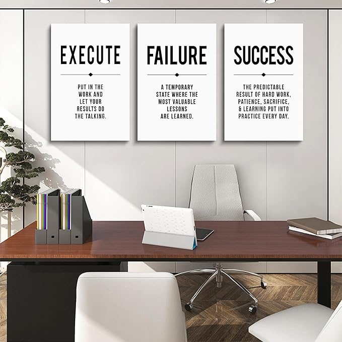 Framed Canvas Wall Art Success Quote, Office Wall Art, Black Large Poster, Positive Motivational Set of 3 Prints, Execute Failure Success Poster, Inspirational Print (D-3pcs,16x24inchx3pcs)-FlexoryFit