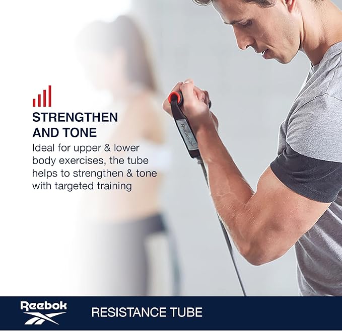 Reebok Resistance Tube Full Body Workout, Warm-Up & Strength Training Resistance Bands with Handles, Non-Slip Stretch Bands for Exercise, Fitness Bands for Men & Women-FlexoryFit