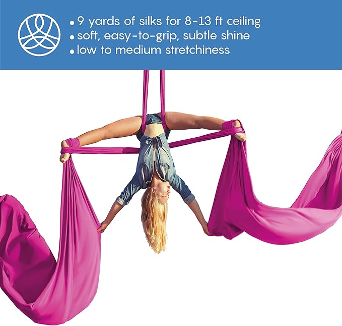 Aerial Silks Starter Kit - Durable 9 Yards of Aerial Yoga Hammock with Hardware & Guide - Aerial Swing for Acrobatic Flying Yoga & All Levels (Aerial Rigging Point Up to 13ft)-FlexoryFit