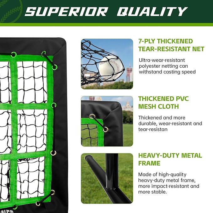 9 Hole Pitching Net, Heavy-Duty Baseball Net with Strike Zone for Pitching and Hitting, Height Adjustable Training Equipment with 9 Pocket Pitching Target for Baseball & Softball Practice-FlexoryFit