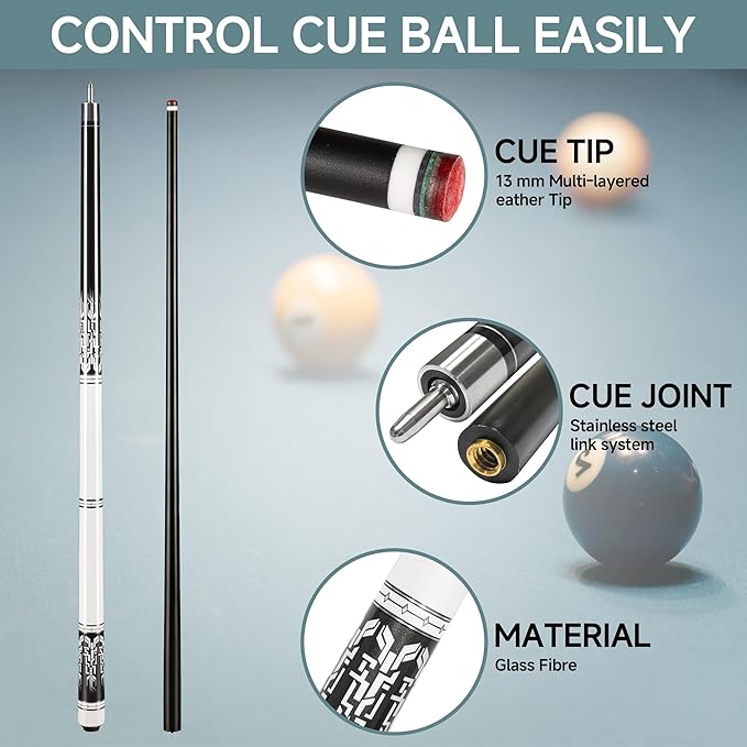 HomeSeason Glass Fiber Pool Cue 58" Professional Pool Stick 12.7mm 4-Layer Tip Low Deflection Cue Stick, 3 * 8/8Joint Pin, Ultra-Smooth, Billiard Cue Sticks-FlexoryFit