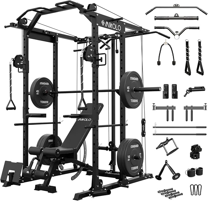 Mikolo Power Cage, Power Rack with Cable Crossover System, 1500LBS Squat Rack with LAT Pull Down System, Workout Cage with Pulley System for Fitness Home Gym-FlexoryFit