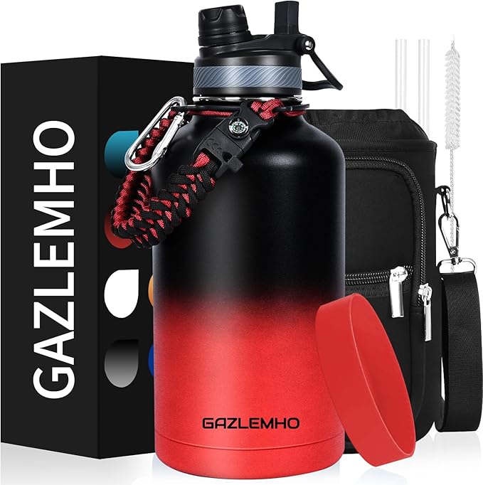 Insulated Water Bottle 64 oz, Half Gallon Water Jug Cold 48H, BPA Free Stainless Steel Bottles with Straw/Chug 2-in-1 Lid, Bag, Paracord Handle, Silicone Boot, Sports Gym School Metal Flask-FlexoryFit