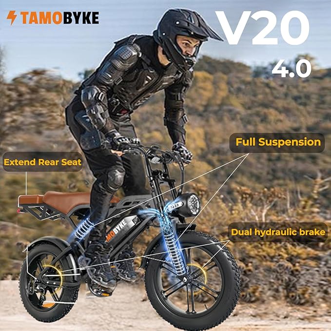 V20 4.0 Electric Bike for Adults,28/30Mph Max Speed,48V15.6Ah Battery,25-68 Miles Max Range, Dual Hydraulic Brakes Ebike,Turning Light, Electric Bike for Commute/Offroad/Rain/Snow Riding.