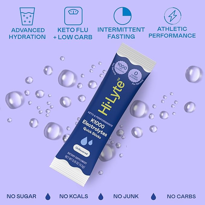 Hi-Lyte Keto K1000 Electrolyte Packets | Unflavored | Hydration Supplement Drink Mix | Boost Energy & Beat Leg Cramps | No Sugar, Stevia, Maltodextrin | 30 Servings-FlexoryFit