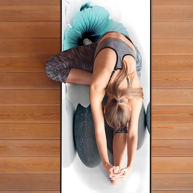 QiyI Yoga Towel with Travel Bag, Microfiber Mat-Sized Hot Yoga Towels, Non Slip Blanket with Corner Pockets, Quick Dry Mat Towel for Bikram, Pilates, Fitness - 70"x26", Pebbles & Blue White Flowers-FlexoryFit