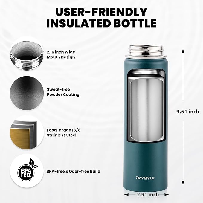 Insulated Water Bottle 20 oz, Triple Wall Vacuum Stainless Steel (Cold for 48 Hrs), Leak Proof & Non-BPA, Kids Water Bottle Jug for School with Straw Spout Lids, Dark Green-FlexoryFit