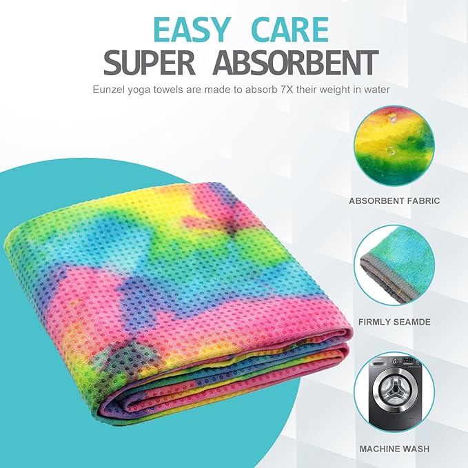 Eunzel Yoga Towel,Hot Yoga Mat Towel with Grip Dots Sweat Absorbent Non-Slip for Hot Yoga, Pilates and Workout 24" x72", Yellow & Blue & Pink-FlexoryFit