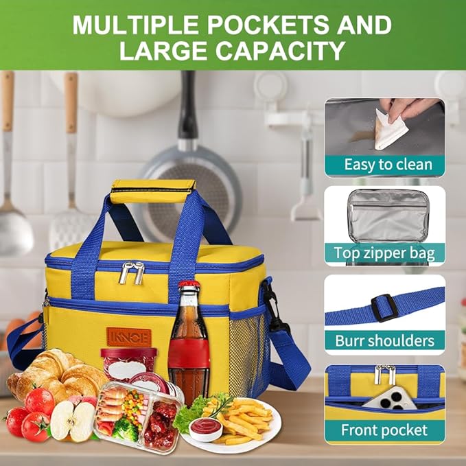 iknoe Large Foldable Cooler Bag, 8.5L Insulated Lunch Bag, Leakproof Lunch Cooler Tote with Multi-Bag Design Suitable for Beach, Picnic and Office Use,Yellow 15-Can-FlexoryFit