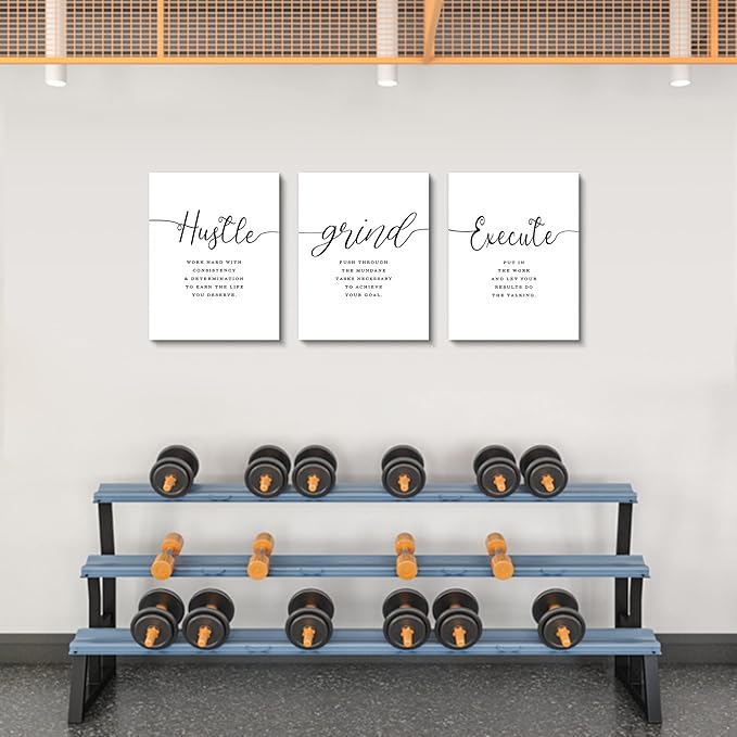 Framed Canvas Wall Art Grind Hustle Quote Poster, Office Wall Art, Positive Motivational Set of 3 Prints, Hustle prints Execute, Inspirational Wall Decor Art (H-3pcs,12x16inchx3pcs)-FlexoryFit